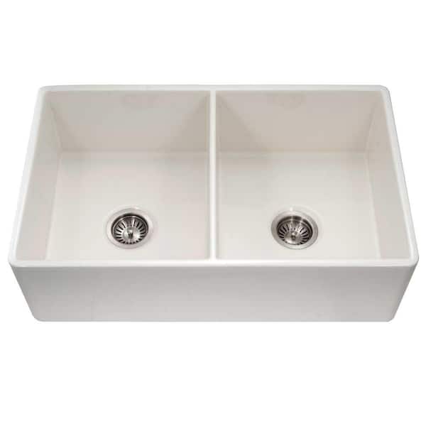 HOUZER Platus Farmhouse Apron Front Fireclay 33 in. Double Bowl Kitchen Sink in Biscuit with Dual-Mounting Options