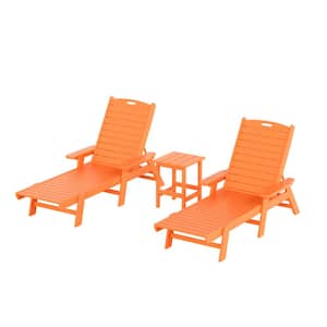 Harlo 3-Piece Orange Fade Resistant HDPE Plastic Reclining Outdoor Patio Chaise Lounge Arm Chair and Table Set