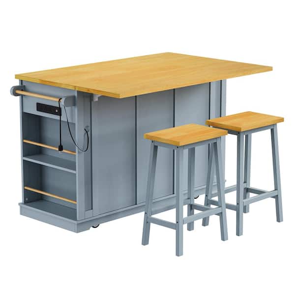 COWLOWN 3-Piece Gray Blue Wood 53.14 in. Kitchen Island with 2-Bar Stools, Power Outlet, Drop Leaf, 5-Open Side Racks, 3-Drawers