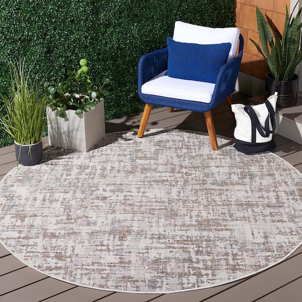 Courtyard Ivory/Dark Gray Brown 7 ft. Round 2-Toned Marle Indoor/Outdoor Area Rug