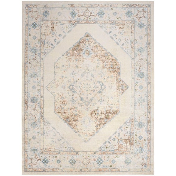 Nourison Astra Machine Washable Ivory Blue 9 ft. x 12 ft. Center medallion Traditional Area Rug
