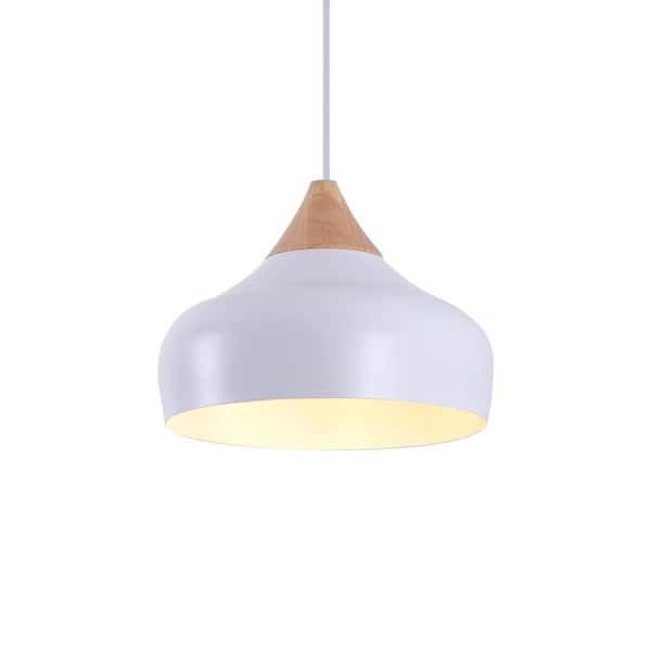 Aurora 13 in. 60-Watt 1-Light Matte White Pendant Light with Spinning Metal Round Shade and Natural Rubber Wood Top