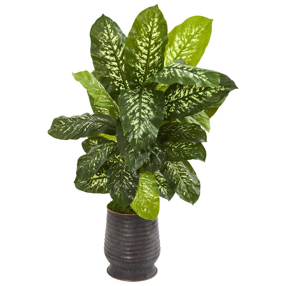 Nearly Natural 4 ft. Dieffenbachia Artificial Plant in Ribbed Metal