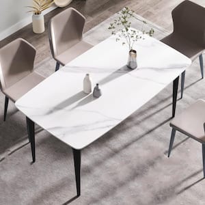 63 in. White Sintered Stone Dining Table with Metal Base in Black