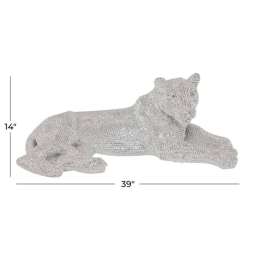 Silver Polystone Glam Leopard Floor Sculpture with Faceted Diamond Texture