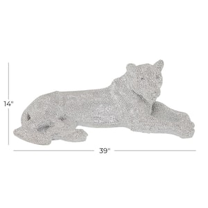 Silver Polystone Floor Leopard Sculpture with Carved Faceted Diamond Exterior