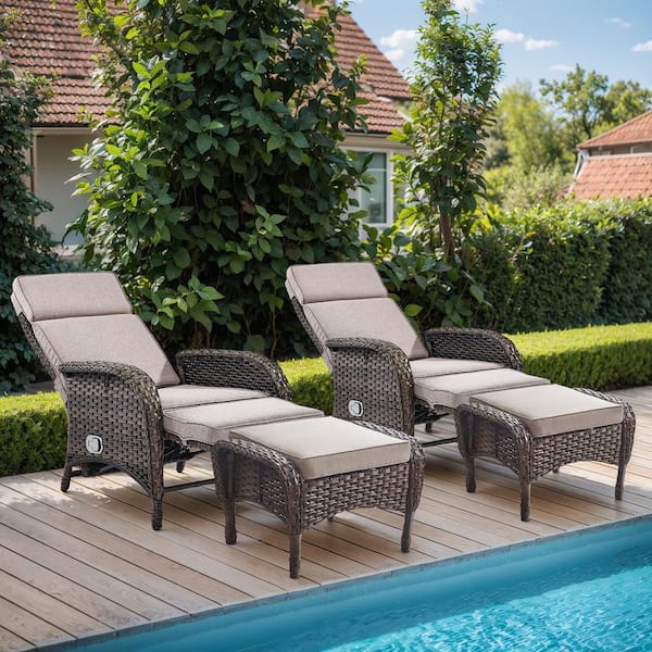 PlainCurve 4-Piece Brown Wicker Outdoor Recliner Chairs Patio Conversation Set with Olefin Beige Cushions and Ottomans