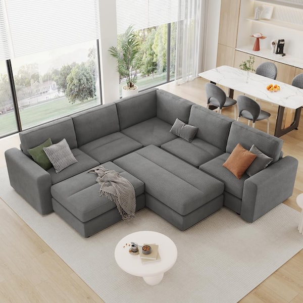 121 in. Corduroy Sectional Sofa in Gray with Two Movable Ottomans