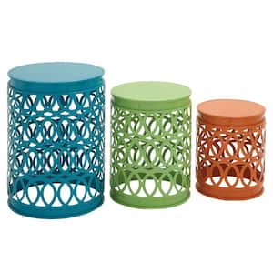 Metal Outdoor Accent Side Table with Carved Trellis Design in Green, Blue and Orange