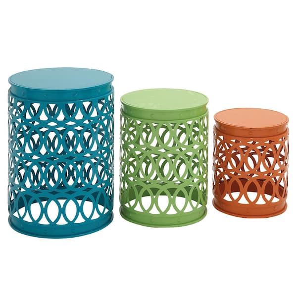 Angel Sar Metal Outdoor Accent Side Table with Carved Trellis Design in Green, Blue and Orange