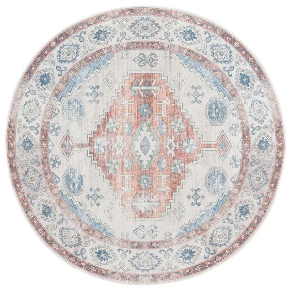 SAFAVIEH Arizona 6 ft. x 6 ft. Rust/Beige Machine Washable Distressed Ornate Border Round Area Rug