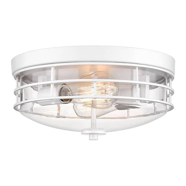 JAZAVA 13 in. 2-Light White Flush Mount with Clear Glass Shade and No Bulbs Included