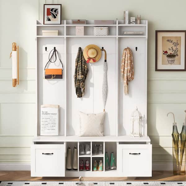 Unbranded 58.8 in. W x 17.7 in. D x 76.7 in. H White Wood Hall Tree with Coat Rack, 7-Hooks, 2-Drawers and Adjustable Shelves