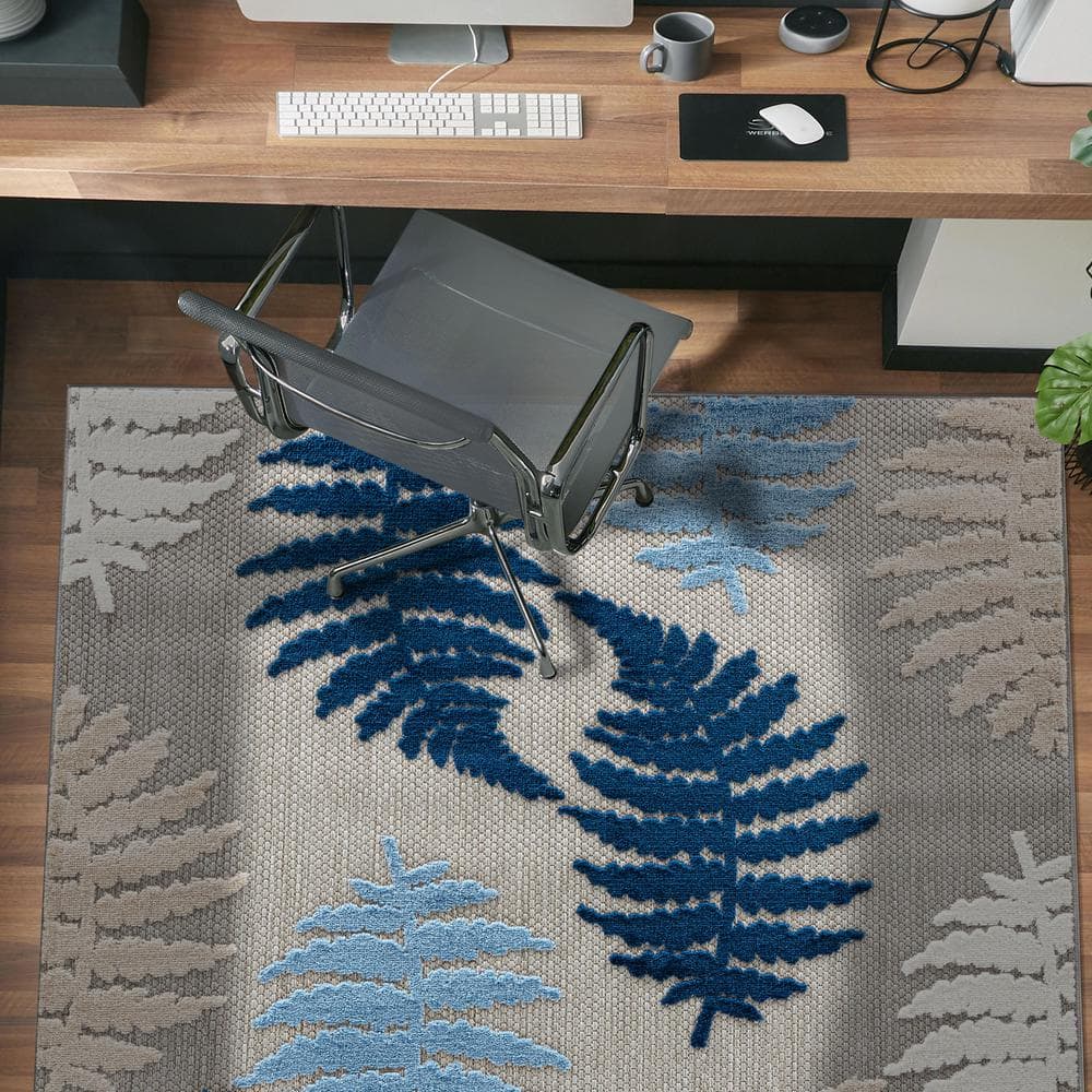 Seville Blue and Beige Floral Synthetic Indoor/Outdoor Rug