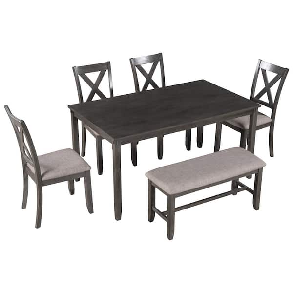 LUCKY ONE Camorra 6-Piece Rectangular Gray Wood Top Table Set Dining Room Set Seats 4 with Bench