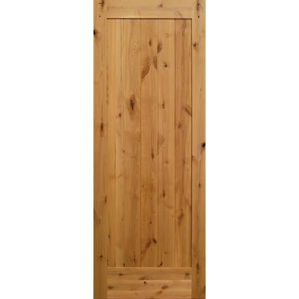 Steves & Sons 42 in. x 84 in. 1 Panel V-Groove Clear Coat Finish Knotty Alder Wood Sliding Barn Door with Hardware Kit
