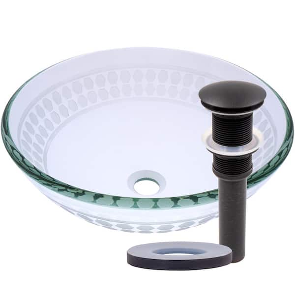 Imponeren 16.5 in. Vessel Bathroom Sink in Clear Etched Glass with Drain in Oil Rubbed Bronze