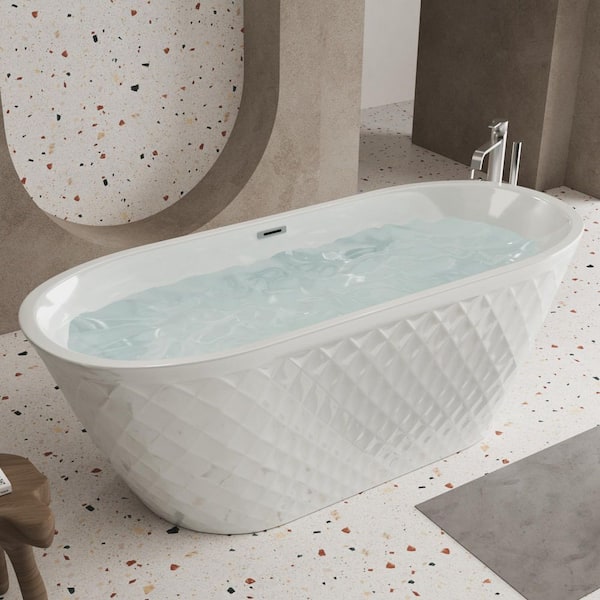Acrylic Flat Bottom Soaking Oval Bathtub with Diamond Pattern Design and Pop-Up Drain in White 67 in. x 31.5 in.