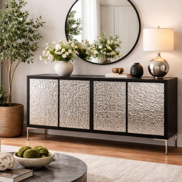 Betie Black Wood Sideboard Buffet Cabinet with 4 Shelves