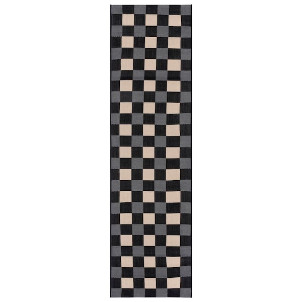 Courtyard Black/Beige 2 ft. x 8 ft. Plaid Grid Indoor/Outdoor Runner Rug