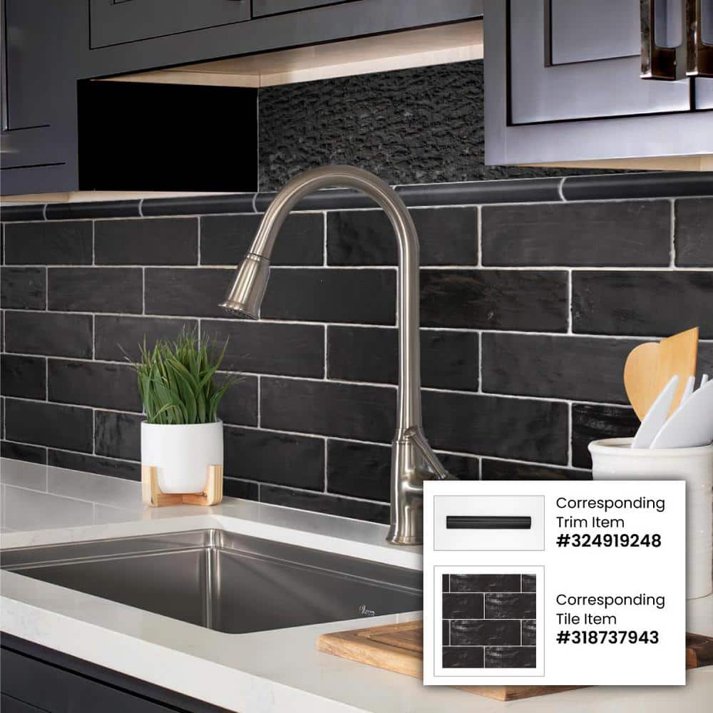 Black Ceramic Pencil Bullnose Tile Trim 7.9" x 1.25"