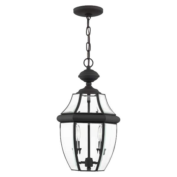 AVIANCE LIGHTING Aston 19 in. 2-Light Black Dimmable Outdoor Pendant Light with Clear Beveled Glass and No Bulbs Included