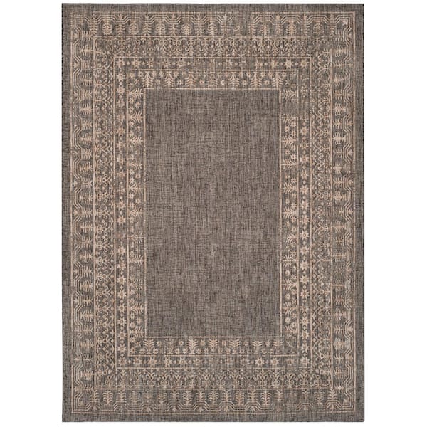 Courtyard Black/Natural 11 ft. x 13 ft. Border Ornate Indoor/Outdoor Area Rug
