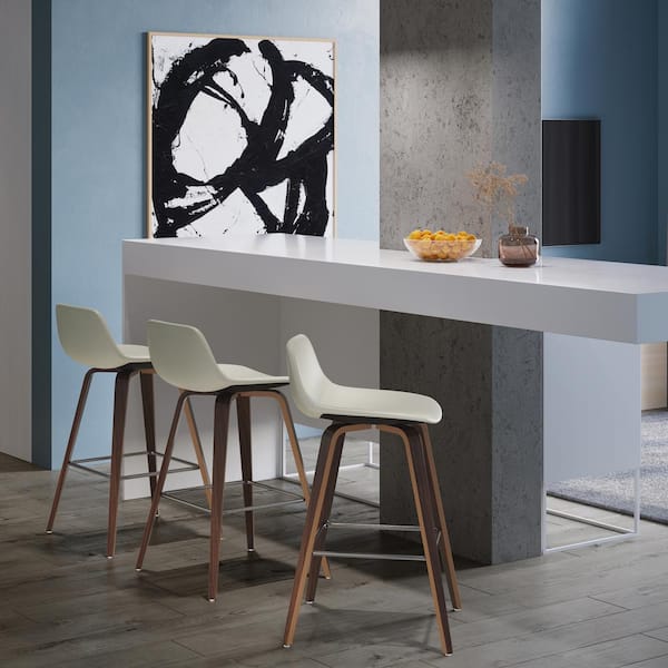 Randolph Mid Century Modern 26 in. Bentwood Counter Height Stool (Set of 2) in Cream PU faux leather