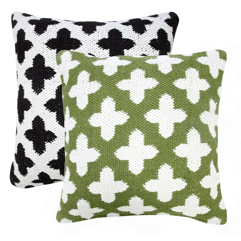 Green and White Woven Geometric Cotton Throw Pillow, 20" Square