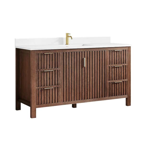 Shenzhen 60 in.W x 22 in.D x 33.9 in.D Single Bath Vanity in Aged Dark Brown Oak with White Engineered Stone Top