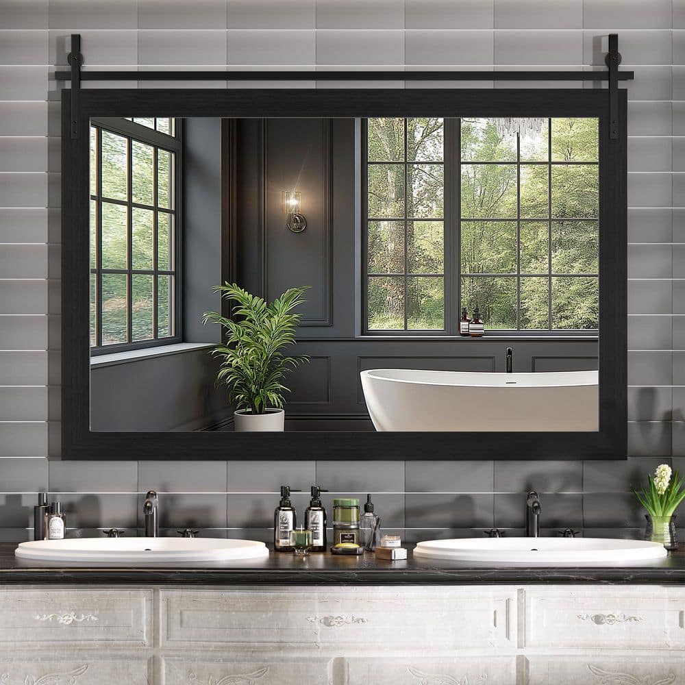 Black 55 in. W x 36 in. H Rectangle Wood Framed Farmhouse Wall Mounted Mirror Vintage Vanity Decrative Bathroom Mirrors price history on PriceWatchPro