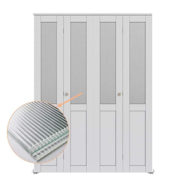 46.8 in x 78.75 in (Double Door)1/2 Lite Reed Glass Solid Core Finished MDF Closet Bi-fold Door with Hardware Kit