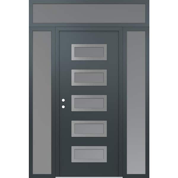 D1 68 in. x 96 in. Silver P Right-Hand/Inswing Frosted Glass Anth/Anth 2 Sidelite+Transom Steel Prehung Front Door