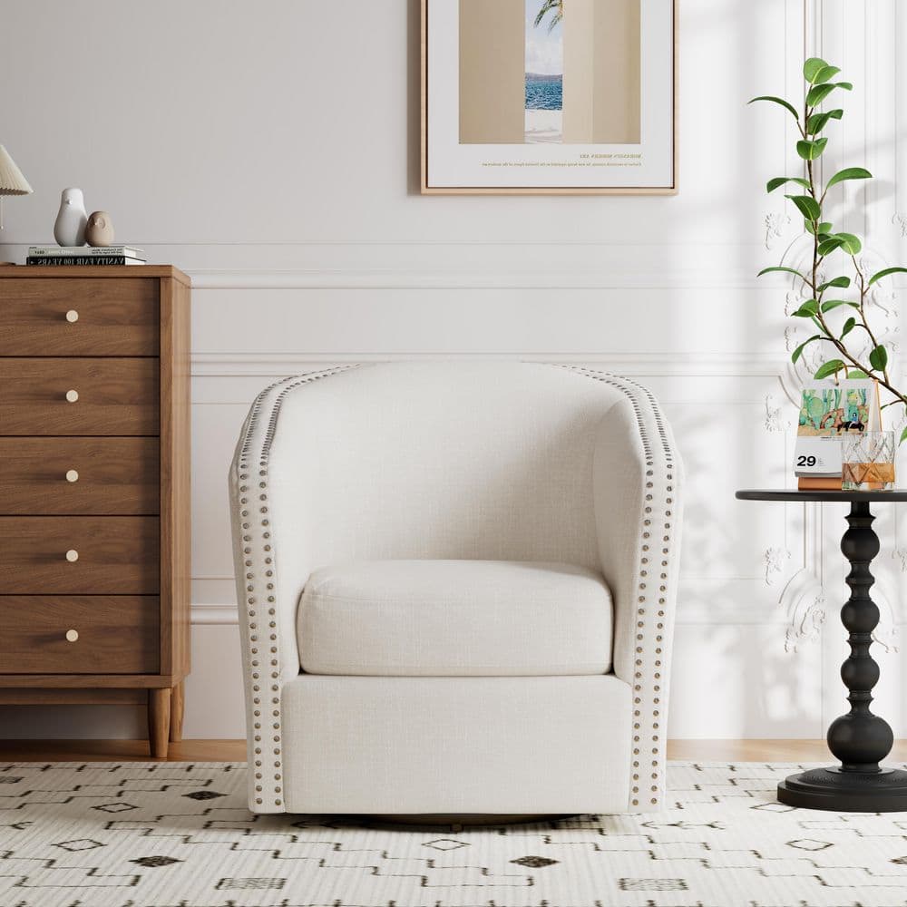 Wheat and Black Swivel Barrel Accent Chair with Nailhead Trim