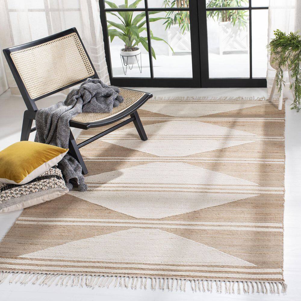 Ivory and Natural Wool Flat Woven Handmade Rug, 5' x 8'