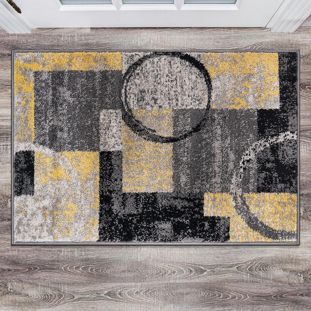 Yellow and Gray Abstract Circle Design Area Rug 2' x 3'