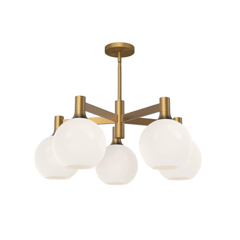 Aged Gold and Opal Matte Glass 5-Light Globe Chandelier