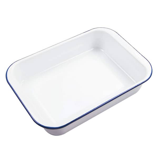 5 qt. White Porcelain-Enameled Cast Iron Steel Roasting Pan with Lid Oven Safe Baking Dish for Lasagna Casseroles