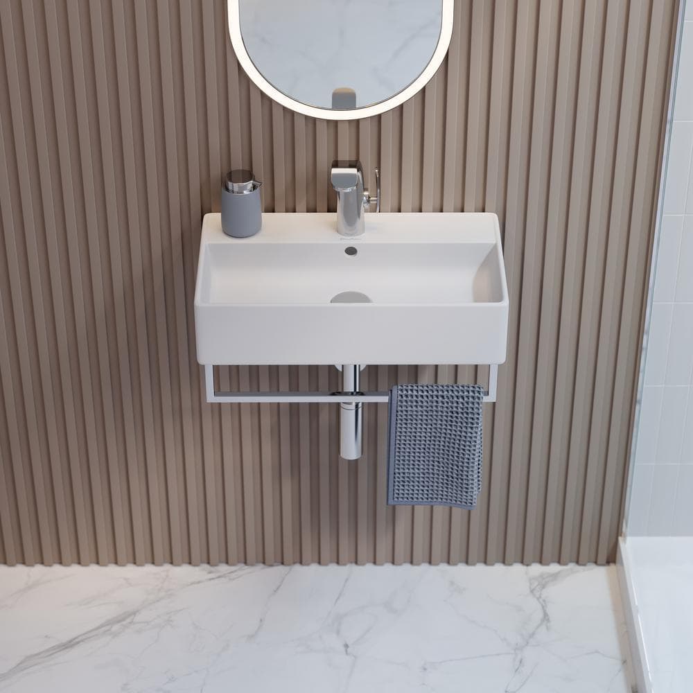 Claire 22" White Ceramic Wall-Mount Vessel Sink with Chrome Towel Bar