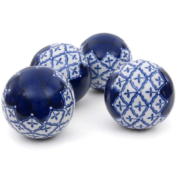 Red Lantern 4 in. Blue and White Medallions Porcelain Ball Set