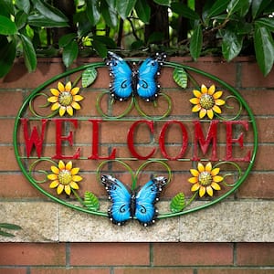 23.75 in. L Whimsical Metal Sunflower and Butterfly Welcome Wall Art Decor