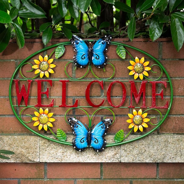 Glitzhome 23.75 in. L Whimsical Metal Sunflower and Butterfly Welcome Wall Art Decor
