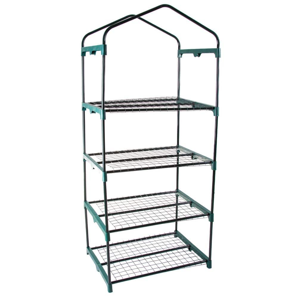 Compact 5' Green Mini Greenhouse with Roll-Up Door and Mesh Shelves