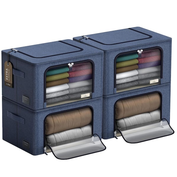 Jumbo Storage Bins, Organizers with Frame, Handles, and Window, Blue 24 in. x 14 in. Polyester Decorative Box Set of 4