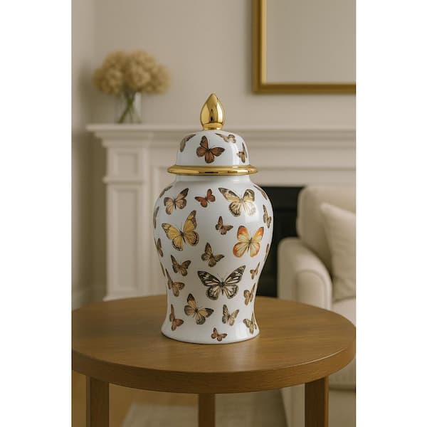14 in. Multi-Colored Ceramic Butterflies Temple Jar