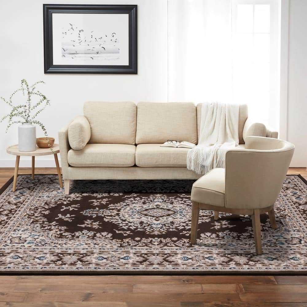 Brown and Ivory Traditional Medallion Area Rug, 7'9" x 10'8"
