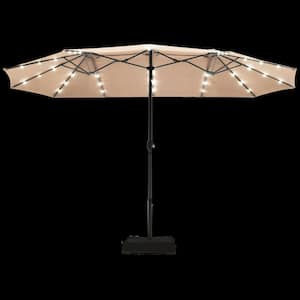 15 ft. Steel Market Solar Patio Umbrella in Beige with LED Lights and Base Stand