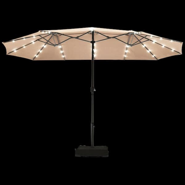 WELLFOR 15 ft. Steel Market Solar Patio Umbrella in Beige with LED Lights and Base Stand