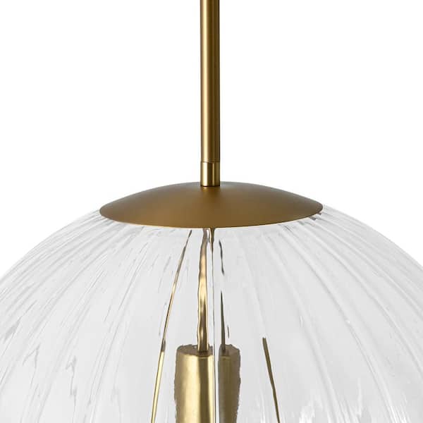 Aero Globe 15 in. 1-Light Brass Moderne Adjustable Height Pendant with Clear Ribbed Glass Shade