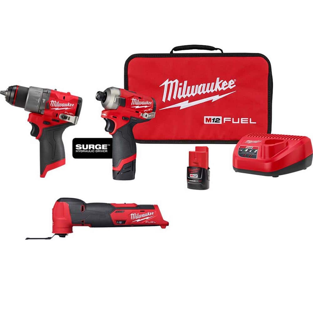 Milwaukee M12 FUEL SURGE 12V Lithium-Ion Brushless Cordless 1/4 in. Impact Driver Compact Kit Multi-Tool & 1/2 in. Hammer Drill -  2551-2526-3404
